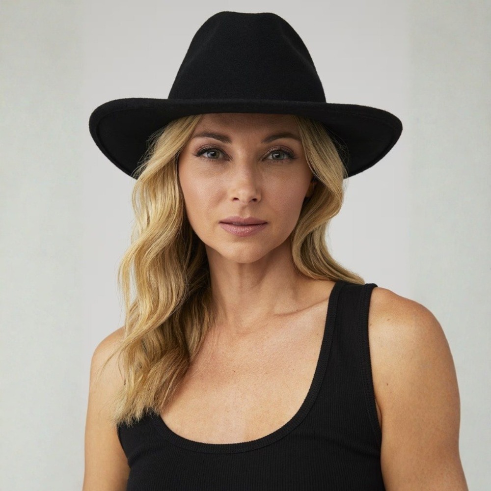 Van Palma Keith Black Wool Felt Fedora Hat with Chain Detail Wide Brim Size M/L